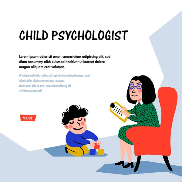 Pszichológia. Gyermek pszichológus. Pszichológus nő teszteli a gyermek. Iskolai előkészítésben részesüljenek. Doodle stílus lapos vektoros illusztráció — Stock Vector