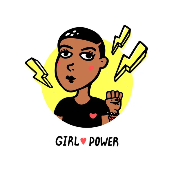 Girl power movement. Doodle style Girl portraits and feminist slogan grl pwr on white background. Feminist movement, protest action, girl power. Vector illustration. — Stock Vector