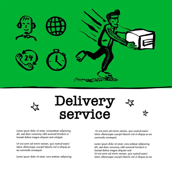 Lieferservice-Konzept. Web-Banner mit Zusteller, der eine Schachtel auf grünem Hintergrund überreicht. Doodle Tinte Stil Vektor Illustration. — Stockvektor