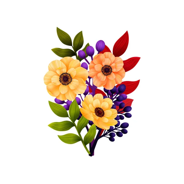 Flores do jardim. Cartão floral, buquê com Anêmonas amarelas e folhas coloridas. Impressão de buquê de floresta. Casamento rústico Convite. Ilustração vetorial — Vetor de Stock