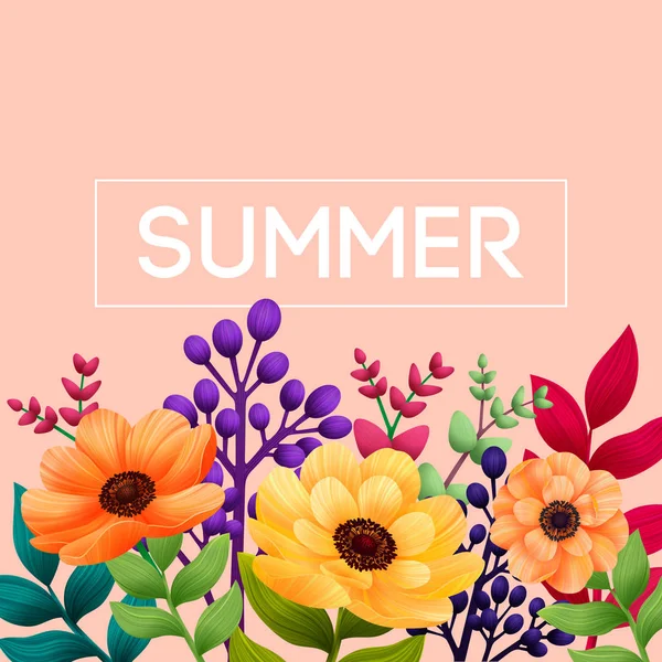 Summer Tropical design. Mall med löv och blommor på rosa bakgrund. Vektor illustration. — Stock vektor