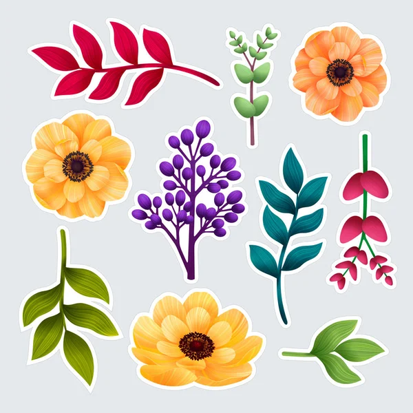 Σύνολο βοτανικών αυτοκόλλητων. Κήπος και άγρια φύλλωμα, λουλούδια και κλαδιά που απομονώνονται σε γκρι φόντο, εξωτικά, τροπικά φυτά. Απεικόνιση διανυσματικών φορέων. — Διανυσματικό Αρχείο