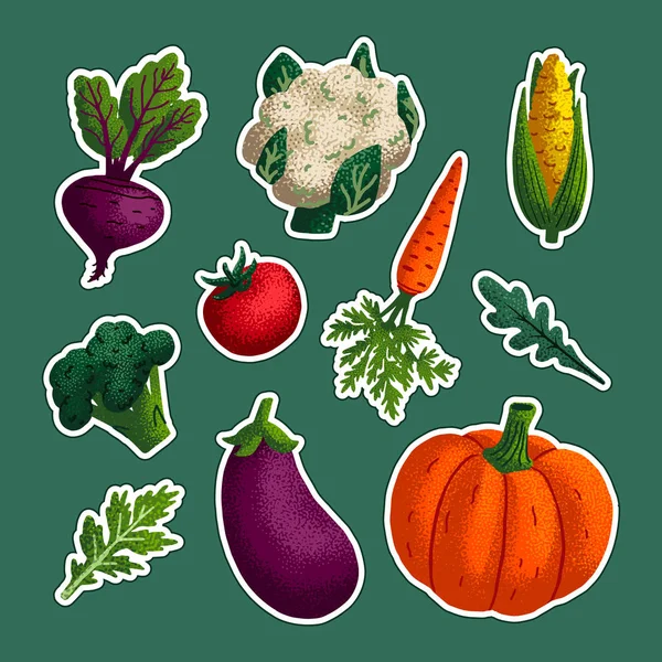 Plantaardige sticker set. Verscheidenheid van decoratieve groenten met graan textuur geïsoleerd op groene achtergrond. Veganistisch gezond eten, vegetarisch biologisch voedsel, dieet. Vector illustratie. — Stockvector