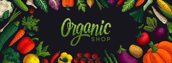 Wide horizontal Healthy eating background. Copy space. Variety of decorative vegetables with grain texture on white background. Farmers market, Organic food poster, cover or banner design. Vector.