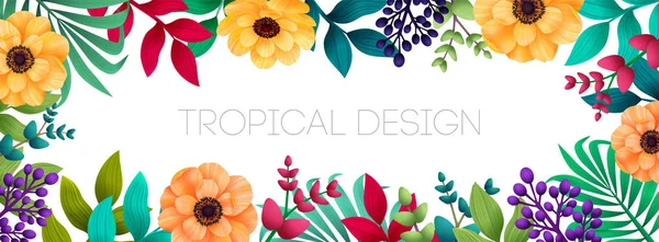 Красочный летний тропический фон с экзотическими пальмовыми листьями и цветами. Горизонтальное знамя, прикрытие. Векторный фон — стоковый вектор