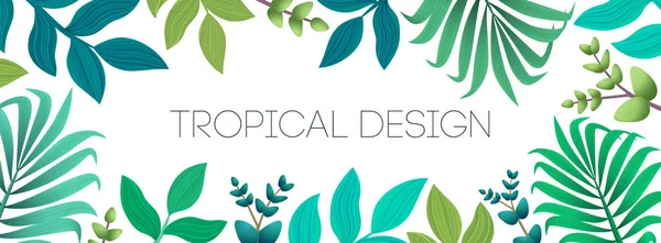 Colorful summer tropical background with exotic palm leaves and flowers. Horizontal banner, cover. Vector floral background — Stock Vector
