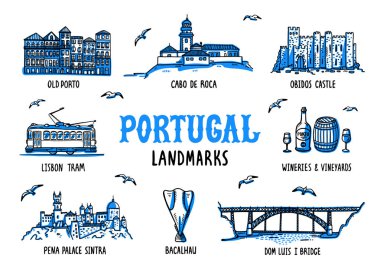 Portekiz yerler ayarla. Handdrawn kroki tarzı vektör çizim