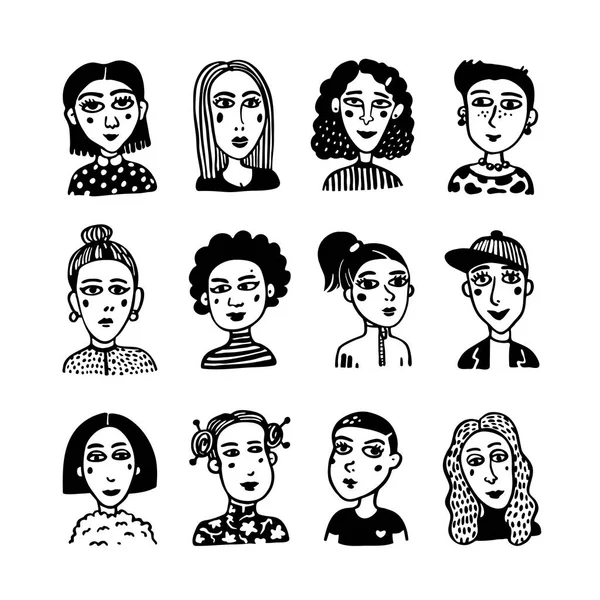 Grote set van gilrls avatars. Doodle stijl portretten van modieuze meisjes. Feministen Union, Girls Power, Sisterhood concept. Zwart-wit hand getekende vector illustratie — Stockvector