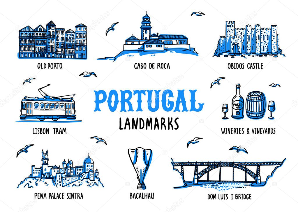 Portugal landmarks set. Handdrawn sketch style vector illustration