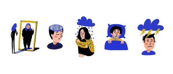 Psycholigy. Set van mannen en vrouwen met psychische problemen op witte achtergrond. Psychische stoornissen, ziektes, psychiatrie. Naïeve stijl platte vector illustratie. — Stockvector