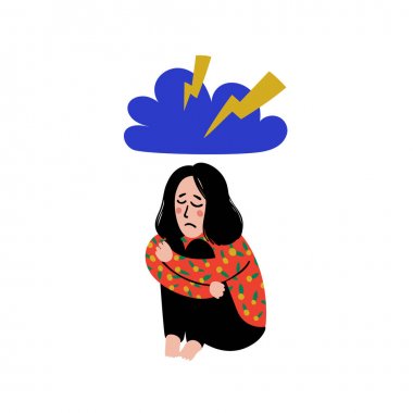 Psikoloji. Depresyon. Yağmur bulutu altında oturan üzgün, mutsuz kız. Genç kadın diz sarılma ve ağlayarak depresyon. Doodle tarzı düz vektör çizim