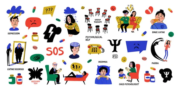 Psikoloji. Beyaz arka plan üzerinde el çizilmiş simgelerin Büyük Seti. Psikoloji, beyin ve ruh sağlığı vektör simgeleri ayarlayın. Doodle tarzı düz vektör illüstrasyon