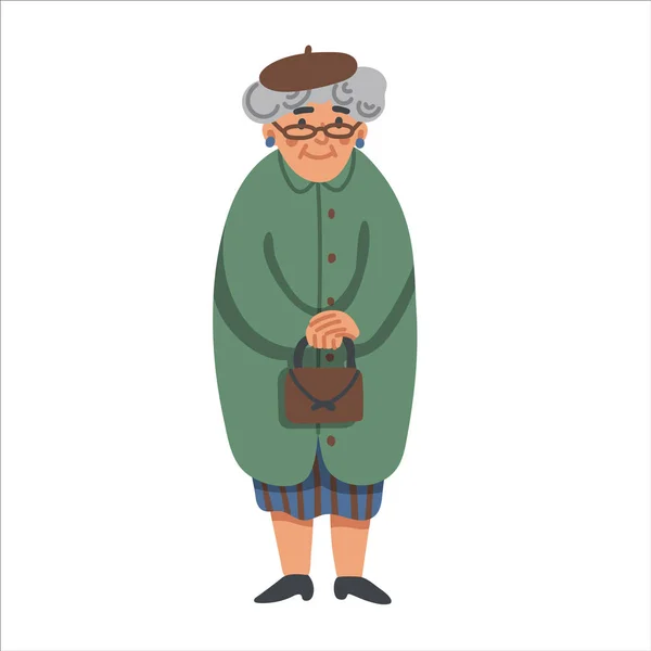 Elderly woman. Smiling grandmother holding little hand bag. Funny granny in glasses wearing green coat isolated on white background. Flat style vector illustration. — Stock Vector