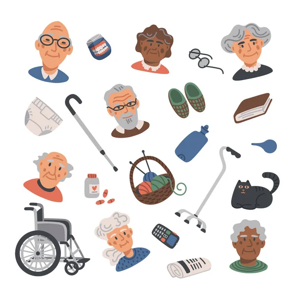 Senioren Lifestyle flache Ikonen mit Porträts und Elementen älterer Menschen. Pflegeheim. Senioren Gesundheitshilfe flache Vektor Illustration. — Stockvektor
