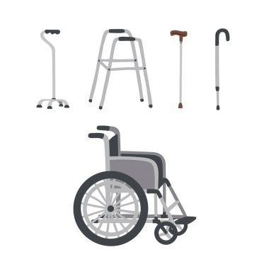 Tekerlekli sandalye, baston, koltuk değneği, yürüyüşçüler, yürüyüş çubuğu. Beyaz arka planda yaşlı insanlar için özel tıbbi rehabilitasyon yardımcı ekipmanları ayarlayın. Düz vektör illüstrasyon.