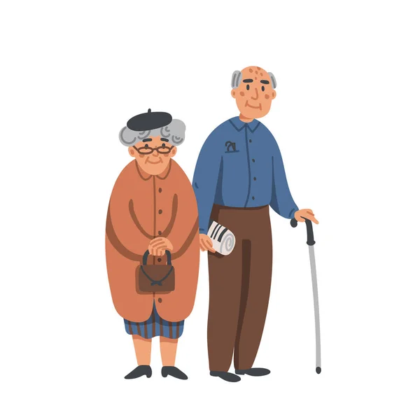 Starší starší muž a žena v brýlích, kteří stáli spolu. Stará šedovlasá dvojice. Ošetřující Domov. Vysoce zkušení lidé zdravotní péče plochá vektorová ilustrace. — Stockový vektor