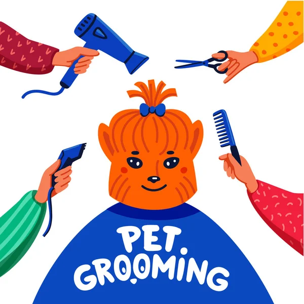 Pet grooming concept. Happy lap-dog and hands with comb, hair dryer, scissors and haircut clipper on white background. Dog care, grooming, hygiene, health. Flat style vector illustration.