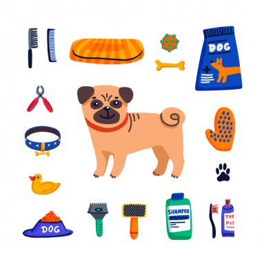 Hayvan bakımı konsepti. Beyaz arka planda sevimli pug ve köpek bakım ürünleri. Köpek bakımı, bakım, hijyen, sağlık. Hayvan dükkanı, aksesuarlar. Düz biçim vektör illüstrasyonu.