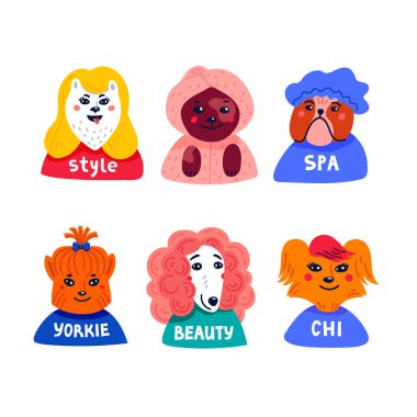 Köpek güzellik salonu. Spa komik yavru karakter. Arka planda izole sevimli evcil hayvan Tımar vektör karikatür seti.