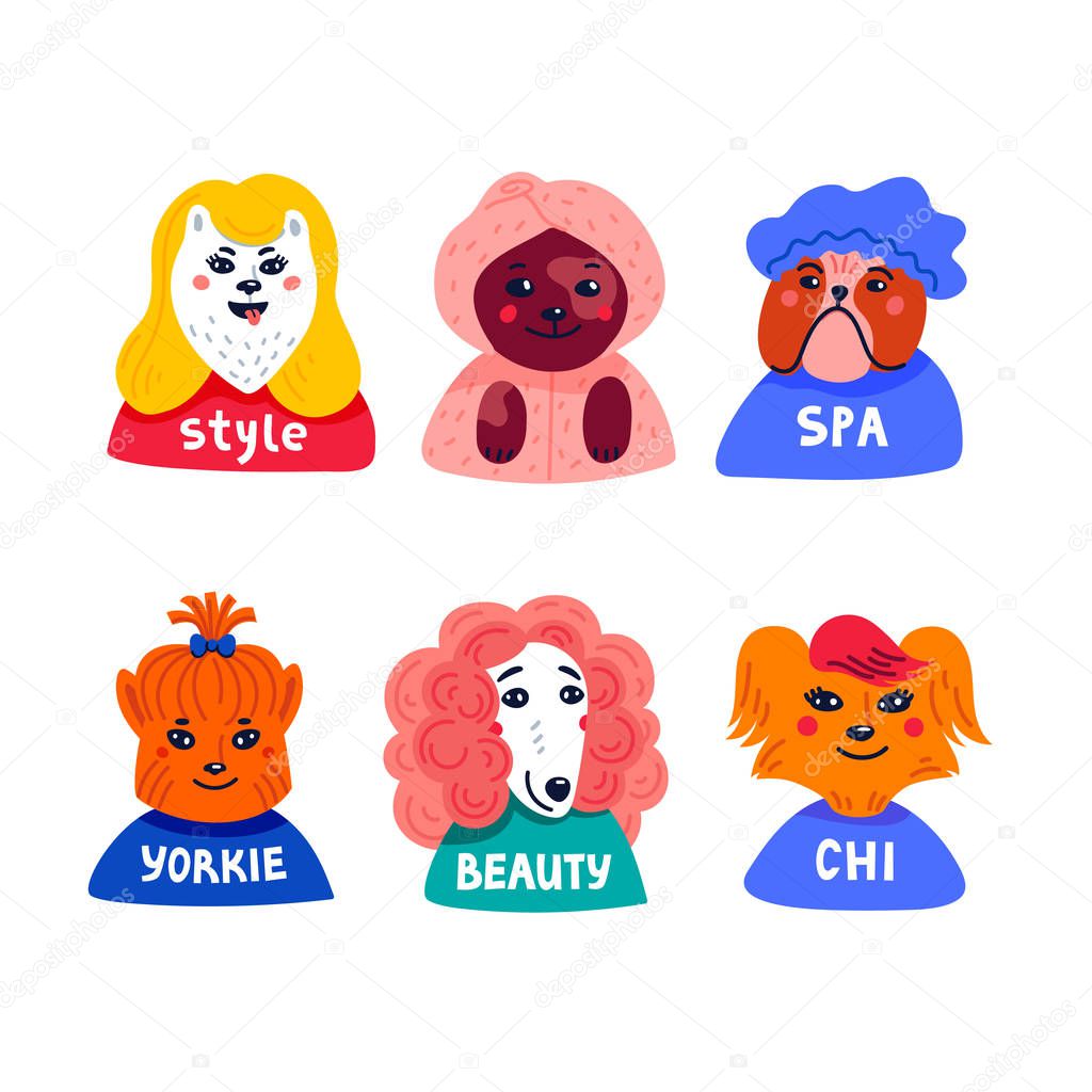Dog beauty salon. Funny puppies character in the spa. Grooming vector cartoon set of cute pets isolated on background.