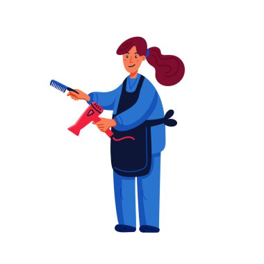 Pet damat kavramı. Kadınlar - beyaz arka plan üzerinde tarak ve saç kurutma makinesi ile evcil hayvan damat. Köpek bakımı, bakım, hijyen, sağlık. Evcil hayvan dükkanı, aksesuarlar. Düz stil vektör çizimi.