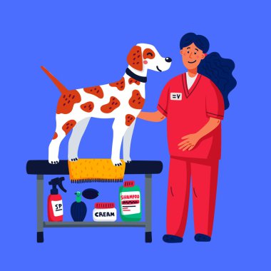 Damat salonunda sevimli köpek. İki genç kız tükürük leri yontup tarıyor. Köpek bakımı, bakım, hijyen, sağlık. Evcil hayvan dükkanı, aksesuarlar. Düz stil vektör çizimi.