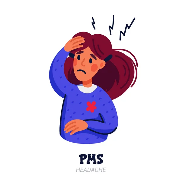 PMS tünetei fogalmát. Nő szenved premenstruációs szindróma, mint a fejfájás. Síkszerű vektoros illusztráció fehér háttérrel. — Stock Vector