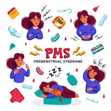 Pms. Premenstrüel sendrom muzdarip kadın seti. Adet döngüsü ve sıhhi pedler ve tamponlar gibi ilgili ürünler çeşitli belirtileri. Düz stil vektör çizimi.