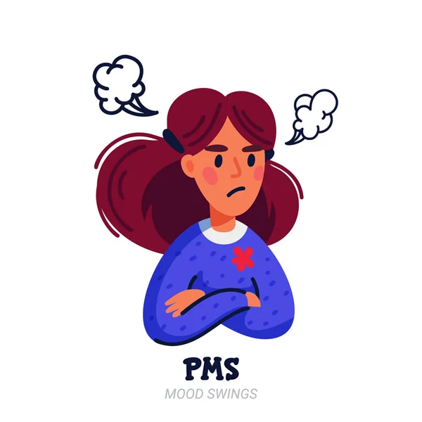 PMS koncepció. Nő szenved premenstruációs szindróma és a kapcsolódó termékek, mint például egészségügyi betétek és tamponok fehér háttérrel. Síkszerű vektoros illusztráció. — Stock Vector