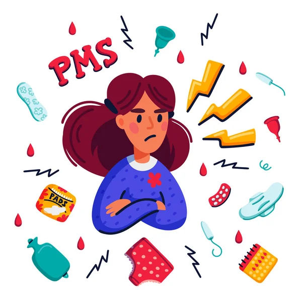 Koncept PMS. Žena trpící premenstruálním syndromem a souvisejícími výrobky, jako jsou sanitární polštářky a tampony na bílém podkladu. Plochý vektor – ilustrace. — Stockový vektor