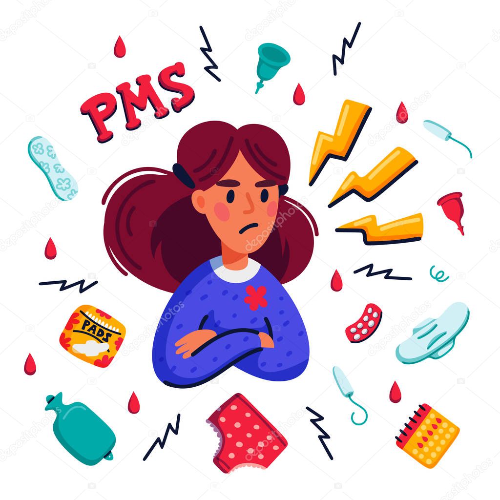 PMS concept. Woman suffering from premenstrual syndrome and related products such as sanitary pads and tampons on white background. Flat style vector illustration.