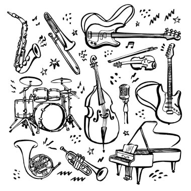 Elle çizilmiş müzik aletleri seti. Beyaz arka planda mürekkep stili vektör çizimi.