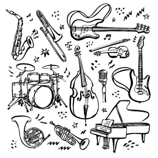 Elle çizilmiş müzik aletleri seti. Beyaz arka planda mürekkep stili vektör çizimi.