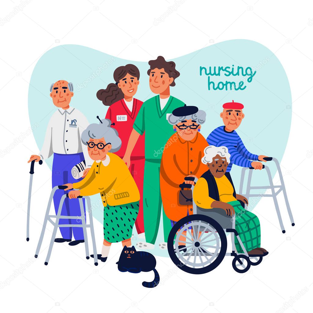 Nursing home concept. Group of elderly people and social workers on white background. Senior people healthcare assistance flat Vector illustration.