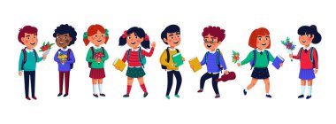 Gözbebekleri hazır. Beyaz arka plandaki bir grup çocuk. Düz stil vektör çizimi