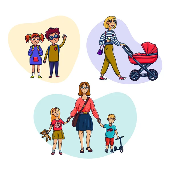 Set of mom and baby. Mother walks with children. Vector illustration in a flat style. — Stock Vector