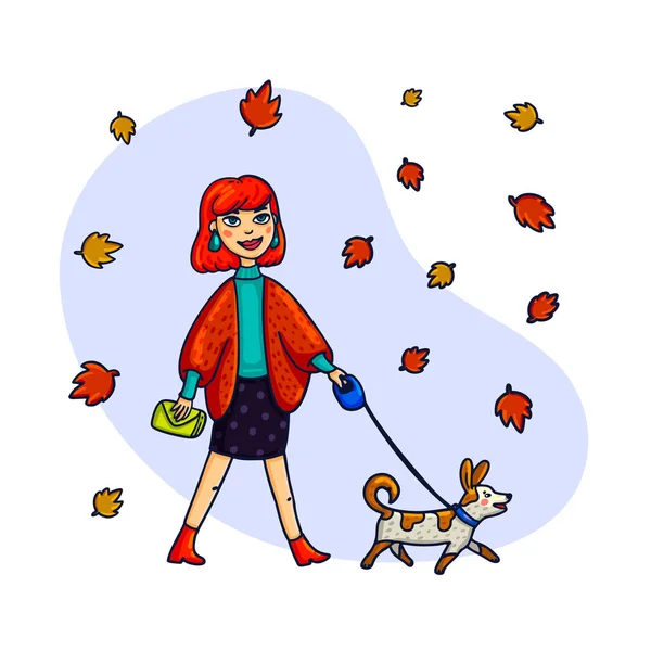 Mulher elegante andando com um cão. Ilustração vetorial em estilo plano . — Vetor de Stock