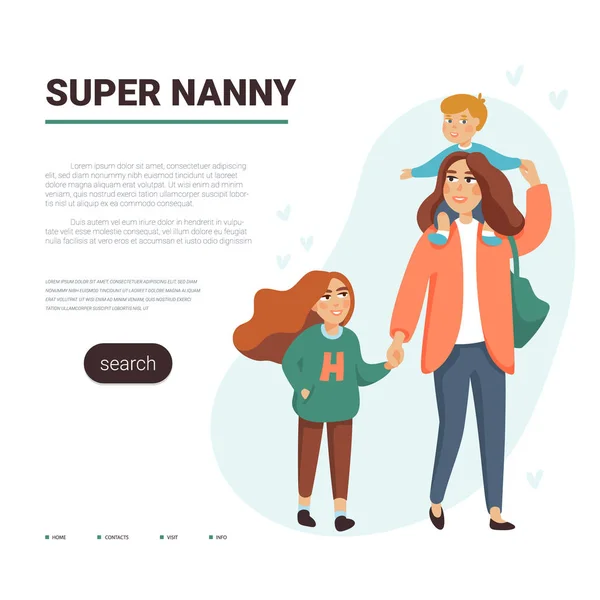 Babysitting service Vector Template. Mother, Nanny with two chhildren. Flat style vector illustration. — Stock Vector