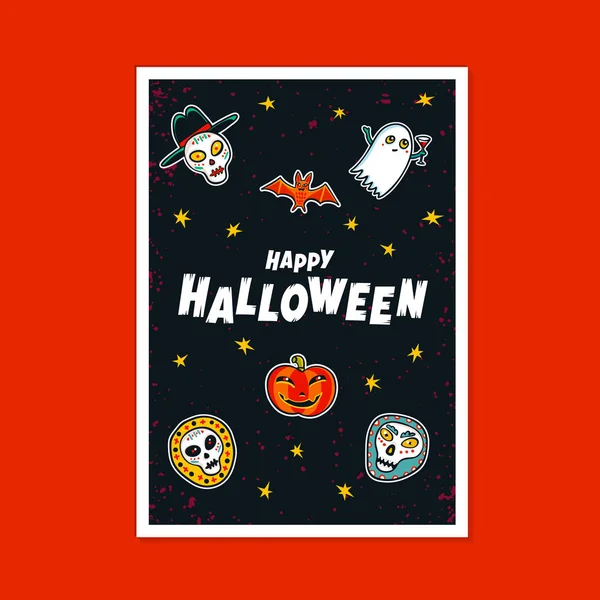 Tarjeta de felicitación de Halloween con saludos caligráficos escritos a mano y divertidos monstruos. Ilustración vectorial de estilo plano sobre fondo oscuro . — Archivo Imágenes Vectoriales