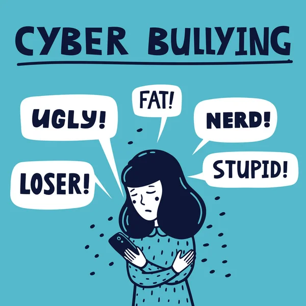 Cyber-Bulling-Vektorkonzept. Trauriges Mädchen, das beleidigende SMS auf ihrem Handy liest. Doodle-Stil Vektor-Illustration auf blauem Hintergrund. — Stockvektor