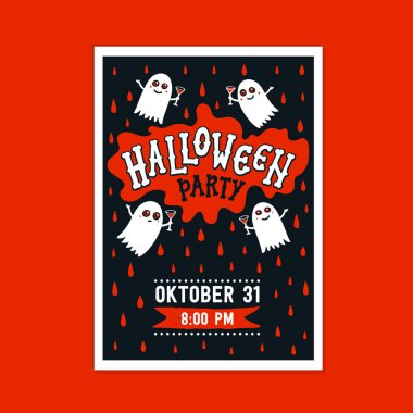 El yazısı hat tebrik ve komik canavarlar ile Halloween tebrik kartı. Koyu arka planda düz stil vektör çizimi.