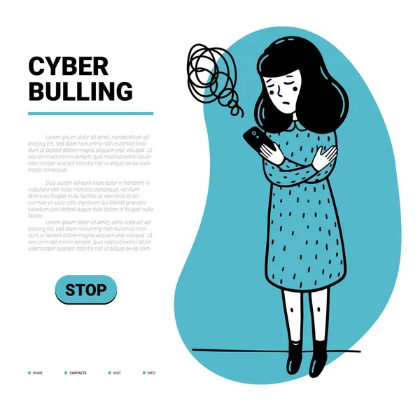 Cyber-Bulling Web-Vorlage. Trauriges Mädchen liest beleidigende Textnachrichten auf ihrem Handy und Ort für Text. flachen Stil Vektor Illustration auf weißem Hintergrund — Stockvektor