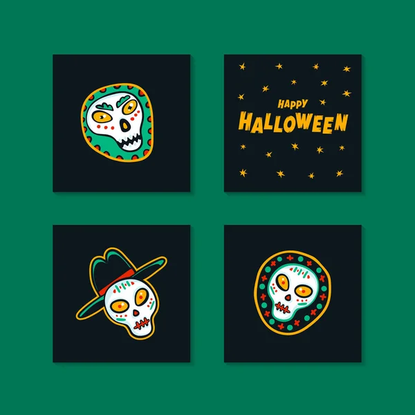 Conjunto de feriados de Halloween mini cartões com saudações caligráficas manuscritas e monstros engraçados. Ilustração vetorial de estilo plano no fundo vermelho sangrento —  Vetores de Stock