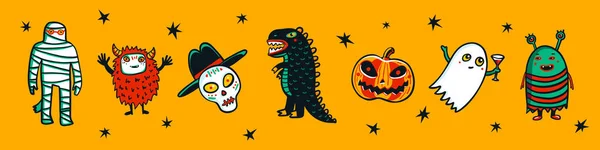 Banner horizontal de Halloween com monstros engraçados. Desenhos animados estilo ilustração vetorial no fundo amarelo . — Vetor de Stock