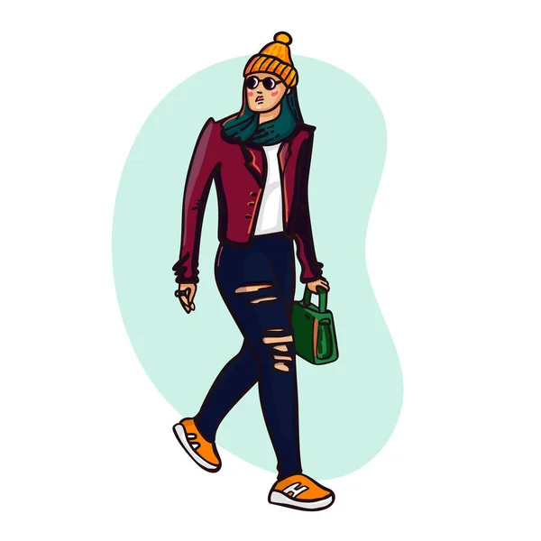 Street fashion. Beautiful girl in trendy clothes. Urban casual outfit. Hand drawn Vector illustration — Stock Vector