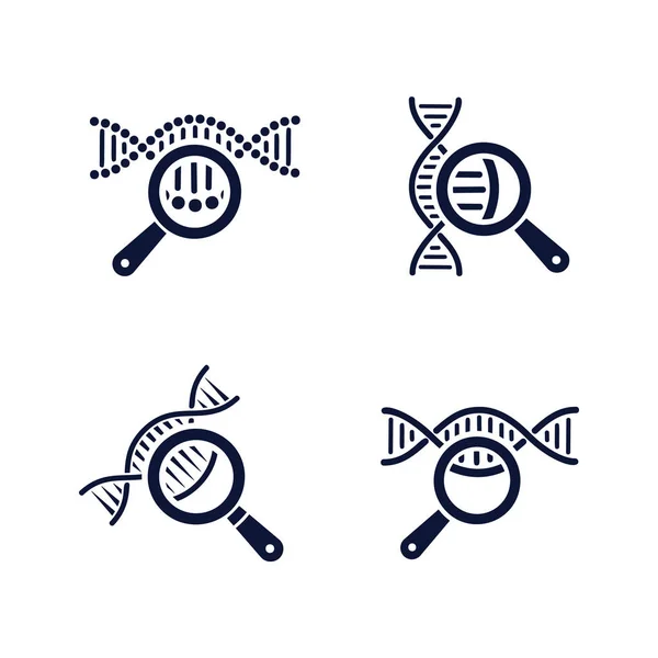 DNA-test ikoner uppsättning. DNA-kedja i förstoringsglas skylt. genteknik, kloning, faderskapstest, DNA-analys. Vektor illustration på vit bakgrund. — Stock vektor