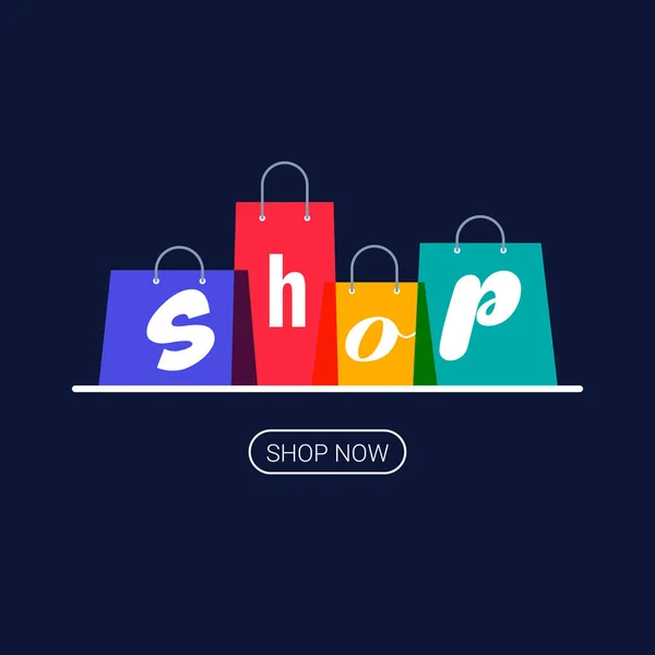 Bolsas de compras con inscripción en tienda. Logo de compras en línea. Comprar ahora botón. Ilustración vectorial sobre fondo oscuro — Archivo Imágenes Vectoriales