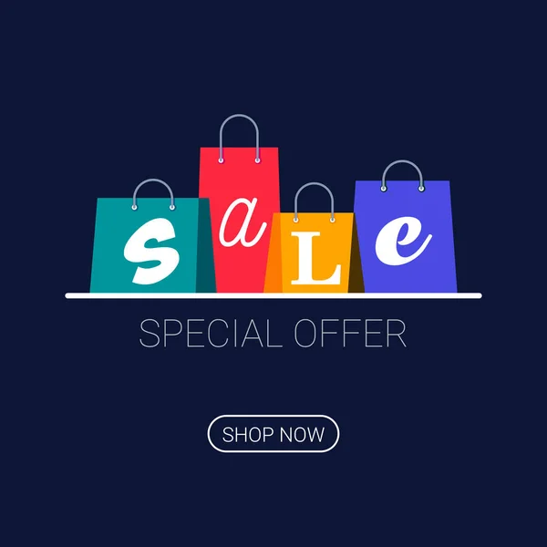 Satış yazıtlı alışveriş çantaları. Online alışveriş logosu. Şimdi satın al düğmesi. Koyu arka planda vektör çizimi — Stok Vektör