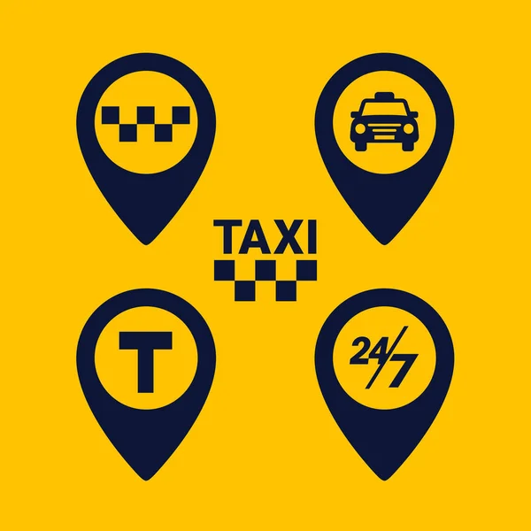Conjunto de iconos de taxi. Mapa iconos de forma de pin sobre fondo amarillo. Icono del glifo del punto de taxi. Ilustración vectorial plana — Vector de stock