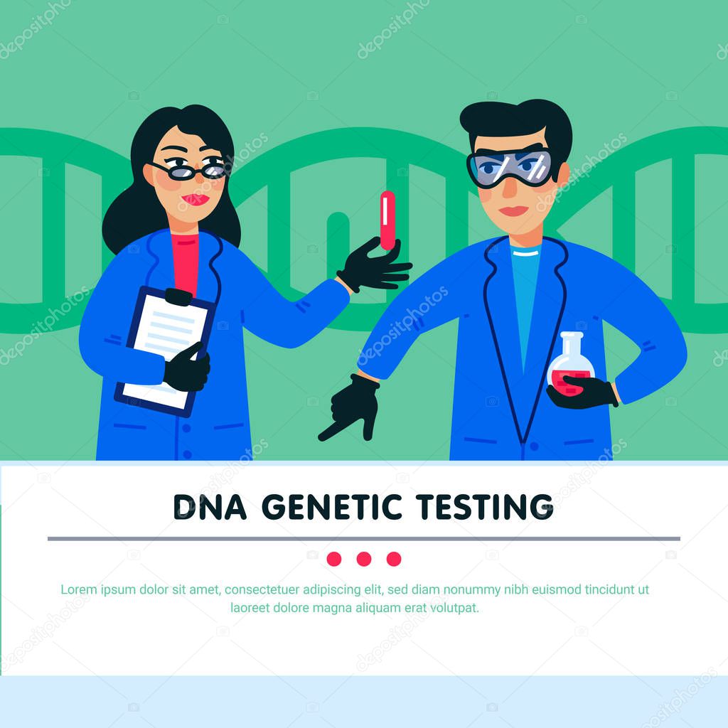 Genome sequencing concept. Scientists working in Nanotechnology or biochemistry laboratory. Molecule helix of dna, genome or gene structure. Human genome project. Flat style vector illustration